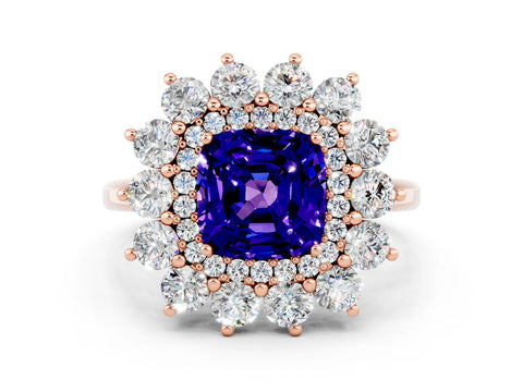 Rose gold Cushion Cut Halo Cluster Diamond Ring with Pave Band and Four-Prong Setting