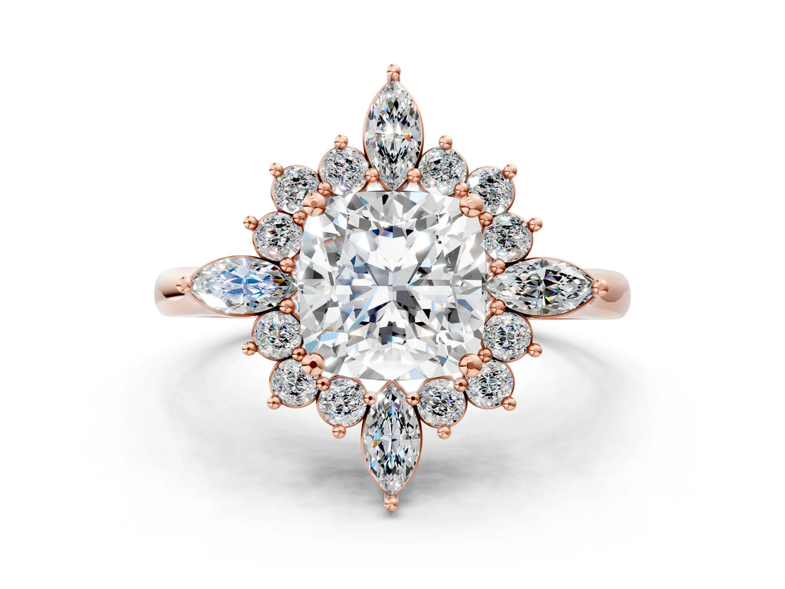 Rose gold Cushion Cut Halo Diamond Cluster Ring with Marquise and Round Stones on a White Gold Band with Prong Setting_15