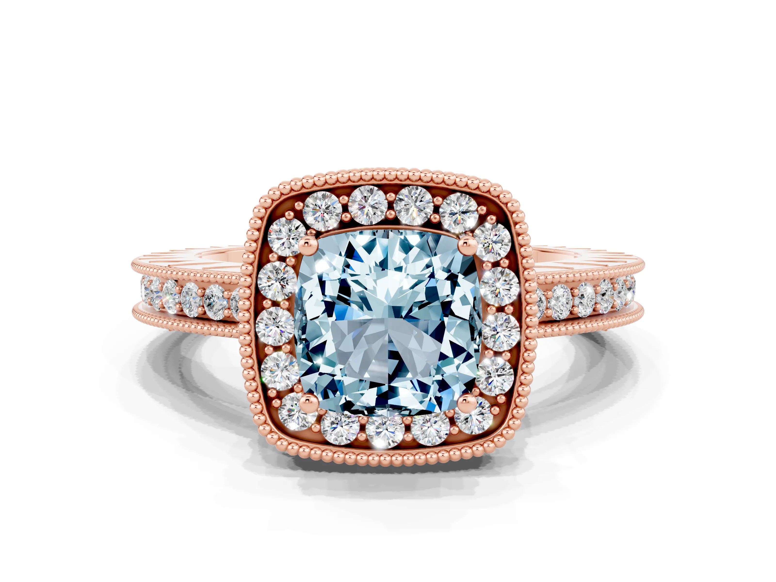 Rose gold Cushion Cut Halo Diamond Engagement Ring with Milgrain Pave Band and Four-Prong Setting