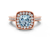 Rose gold Cushion Cut Halo Diamond Engagement Ring with Milgrain Pave Band and Four-Prong Setting