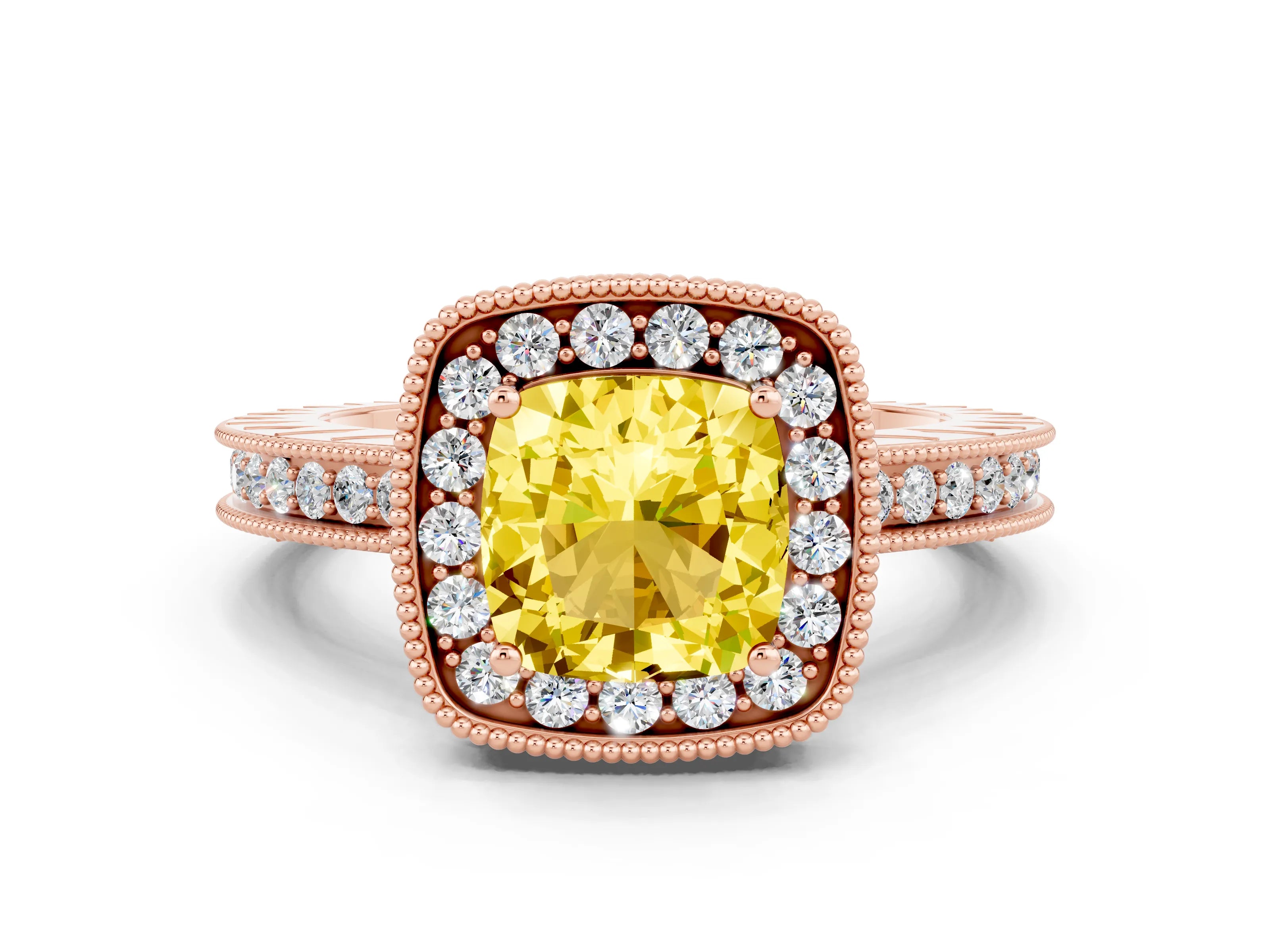 Rose gold Cushion Cut Halo Diamond Engagement Ring with Milgrain Pave Band and Four-Prong Setting