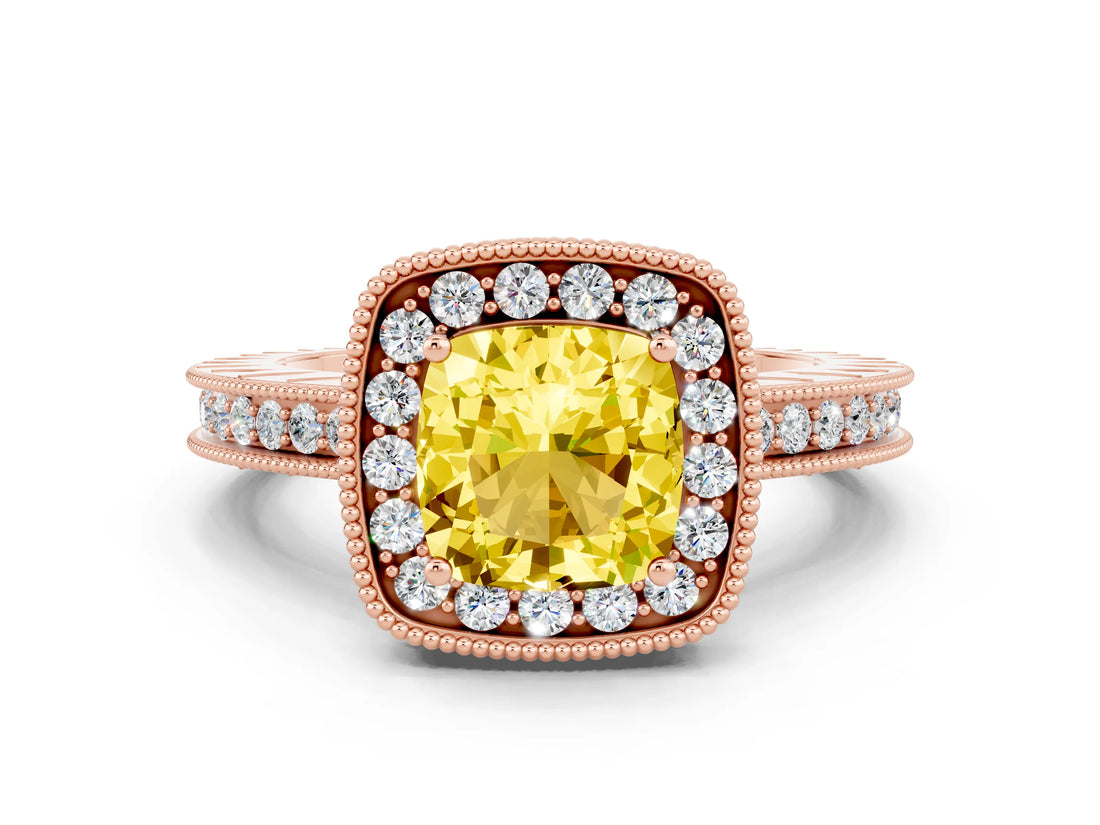 Rose gold Cushion Cut Halo Diamond Engagement Ring with Milgrain Pave Band and Four-Prong Setting