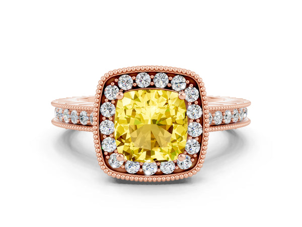 Rose gold Cushion Cut Halo Diamond Engagement Ring with Milgrain Pave Band and Four-Prong Setting