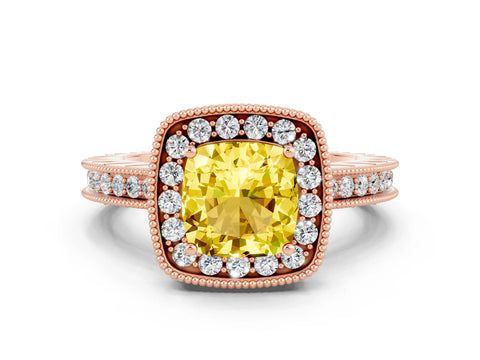 Rose gold Cushion Cut Halo Diamond Engagement Ring with Milgrain Pave Band and Four-Prong Setting
