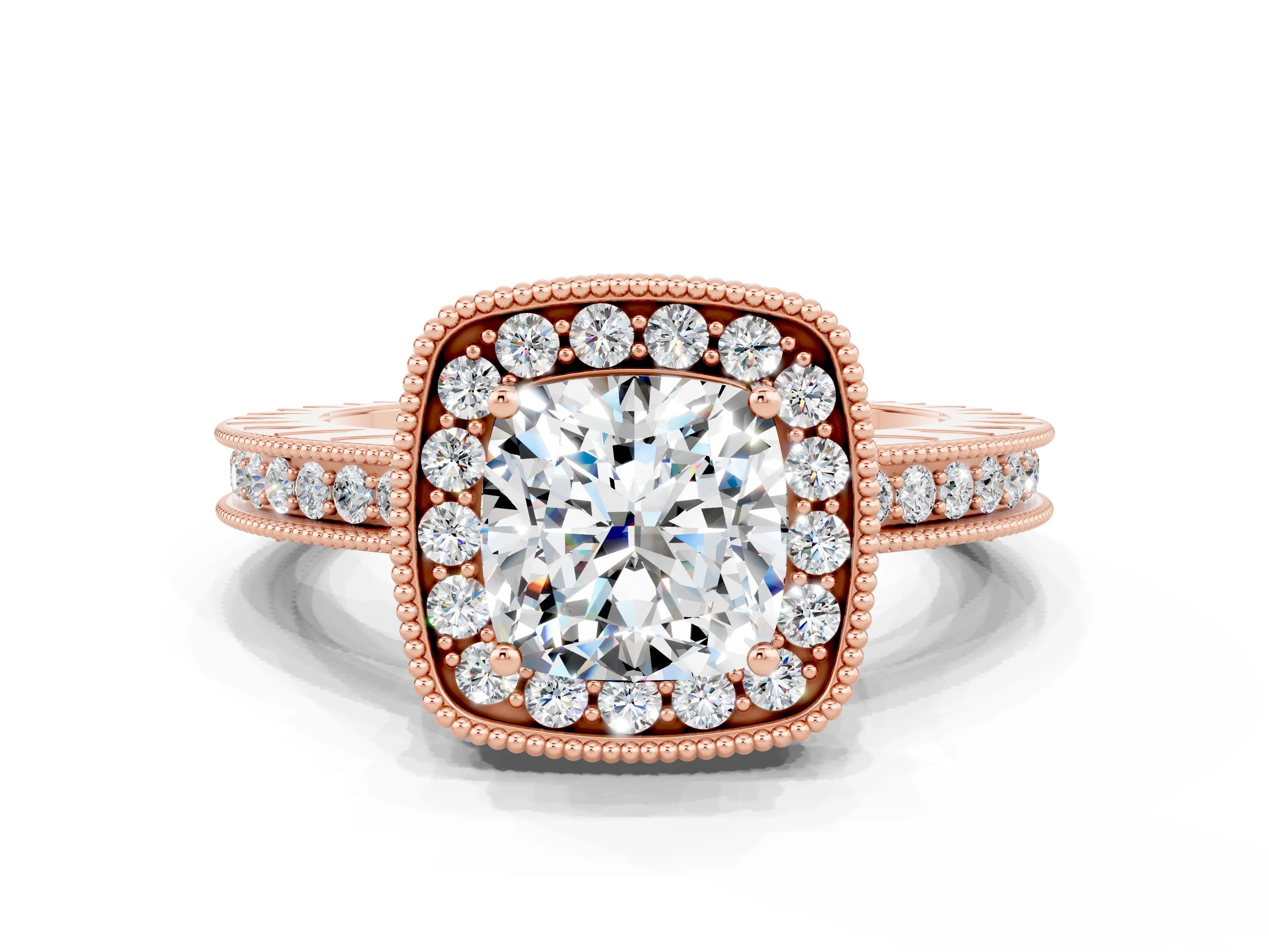 Rose gold Cushion Cut Halo Diamond Engagement Ring with Milgrain Pave Band and Four-Prong Setting