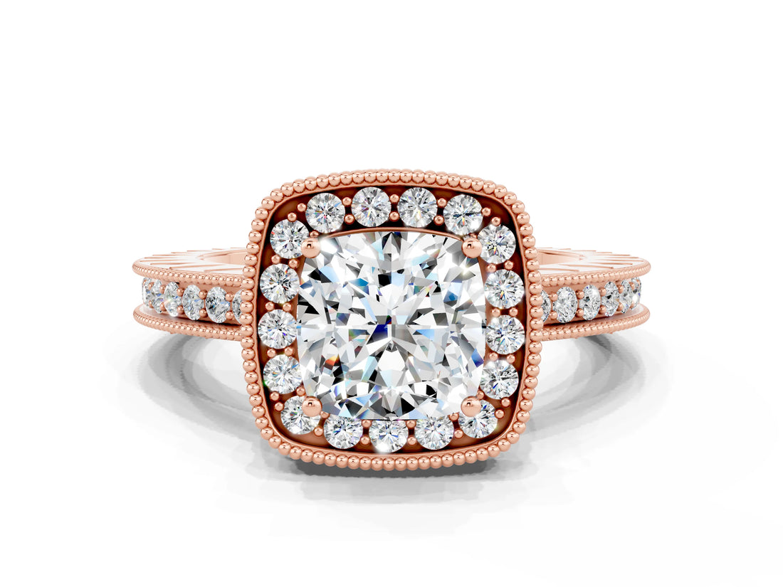 Rose gold Cushion Cut Halo Diamond Engagement Ring with Milgrain Pave Band and Four-Prong Setting