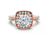 Rose gold Cushion Cut Halo Diamond Engagement Ring with Milgrain Pave Band and Four-Prong Setting