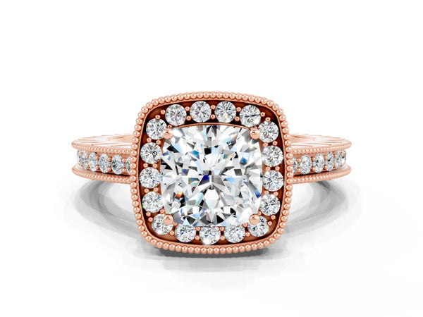Rose gold Cushion Cut Halo Diamond Engagement Ring with Milgrain Pave Band and Four-Prong Setting