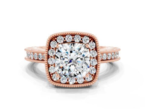 Rose gold Cushion Cut Halo Diamond Engagement Ring with Milgrain Pave Band and Four-Prong Setting