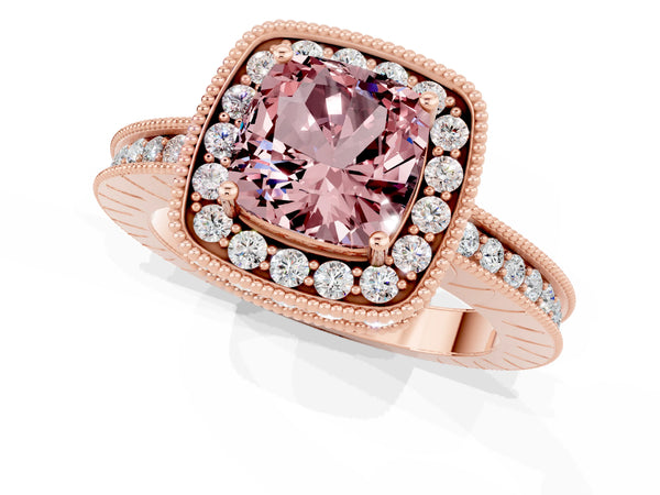 Rose gold Cushion Cut Halo Diamond Engagement Ring with Milgrain Pave Band and Four-Prong Setting