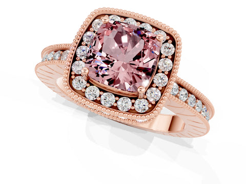 Rose gold Cushion Cut Halo Diamond Engagement Ring with Milgrain Pave Band and Four-Prong Setting_1