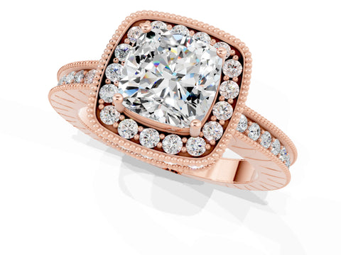 Rose gold Cushion Cut Halo Diamond Engagement Ring with Milgrain Pave Band and Four-Prong Setting_1