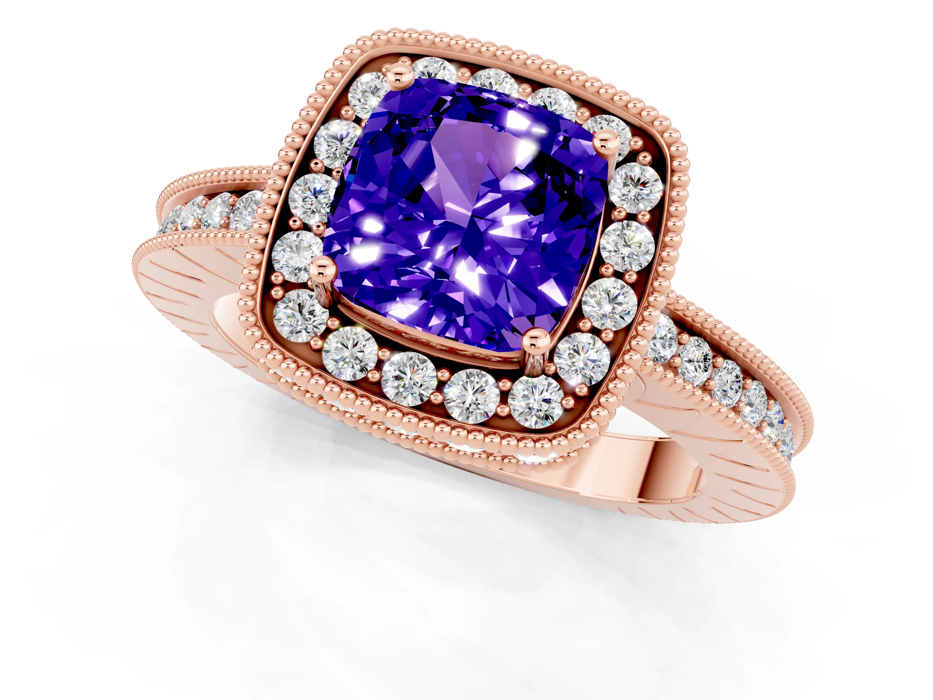Rose gold Cushion Cut Halo Diamond Engagement Ring with Milgrain Pave Band and Four-Prong Setting_1