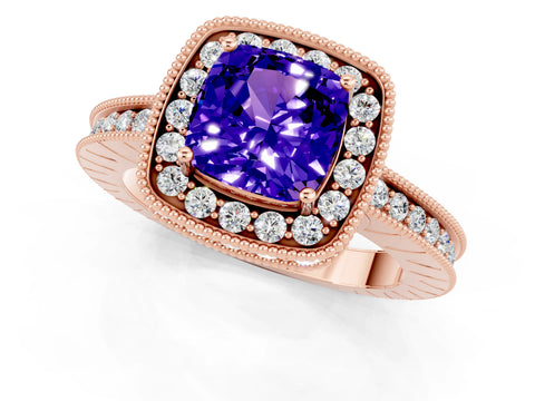 Rose gold Cushion Cut Halo Diamond Engagement Ring with Milgrain Pave Band and Four-Prong Setting_1