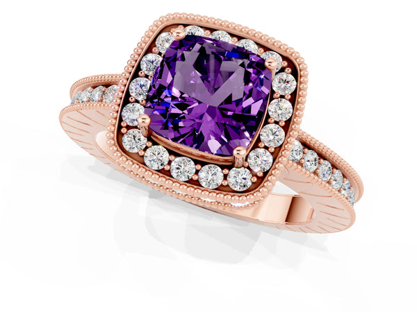 Rose gold Cushion Cut Amethyst Milgrain Halo Engagement Ring with Round Pavé Band and Prong Setting