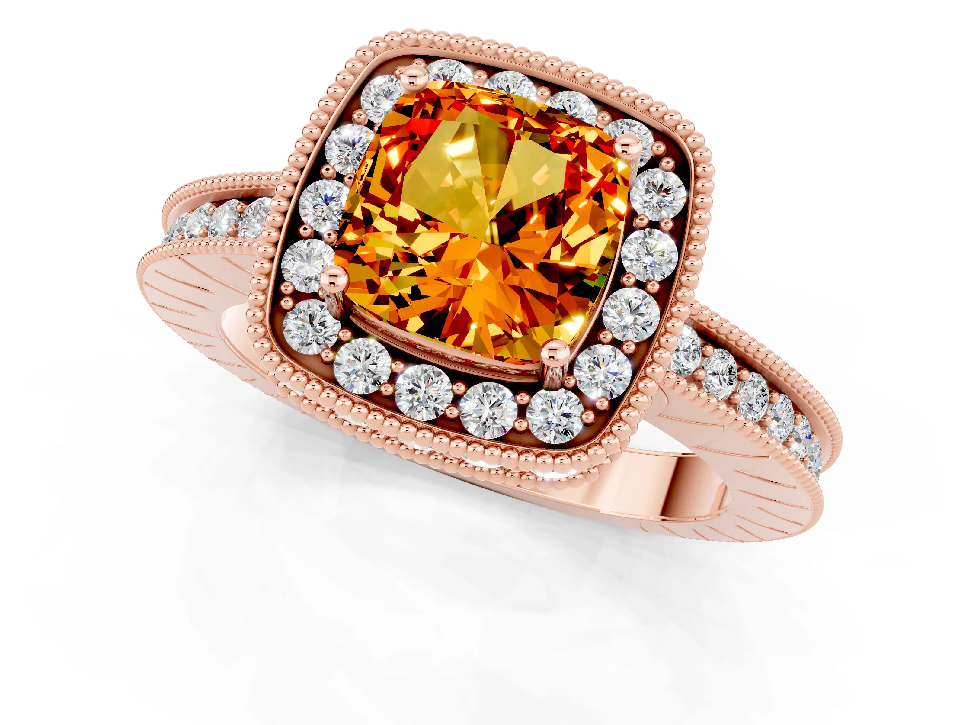 Rose gold Cushion Cut Halo Diamond Engagement Ring with Milgrain Pave Band and Four-Prong Setting_1