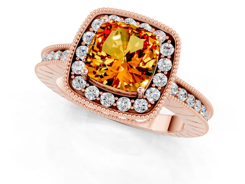 Rose gold Cushion Cut Halo Diamond Engagement Ring with Milgrain Pave Band and Four-Prong Setting_1