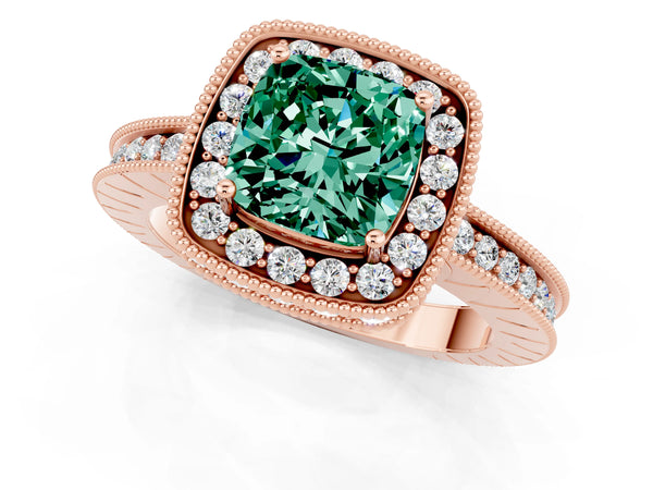 Rose gold Cushion Cut Halo Diamond Engagement Ring with Milgrain Pave Band and Four-Prong Setting