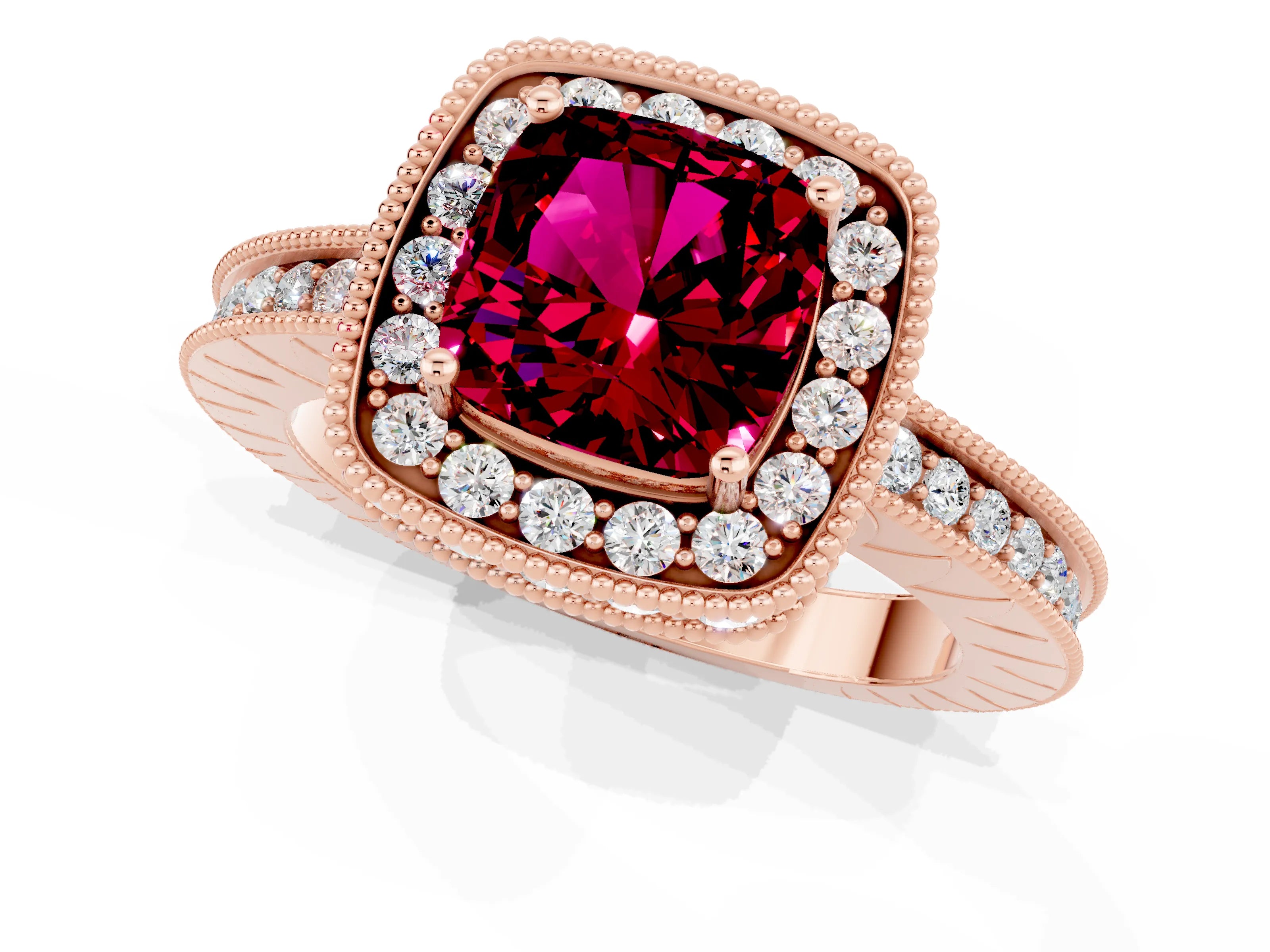 Rose gold Cushion Cut Halo Diamond Engagement Ring with Milgrain Pave Band and Four-Prong Setting_1