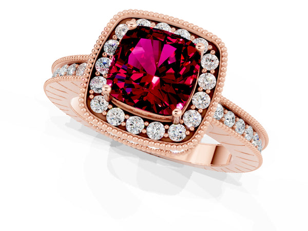 Rose gold Cushion Cut Halo Diamond Engagement Ring with Milgrain Pave Band and Four-Prong Setting