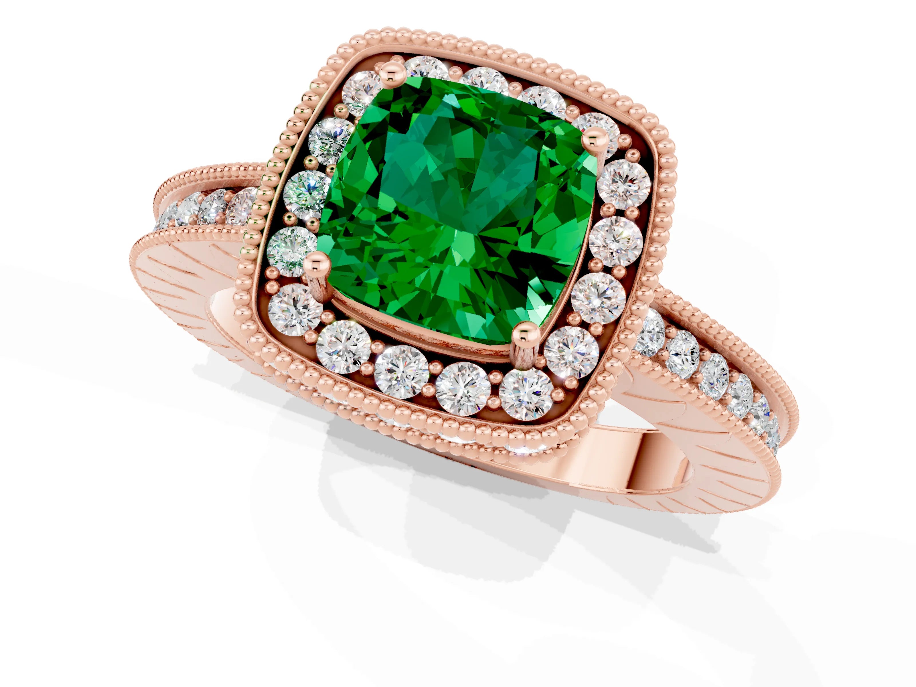 Rose gold Cushion Cut Halo Diamond Engagement Ring with Milgrain Pave Band and Four-Prong Setting_1
