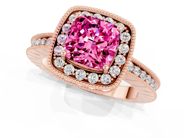Rose gold Cushion Cut Halo Diamond Engagement Ring with Milgrain Pave Band and Four-Prong Setting