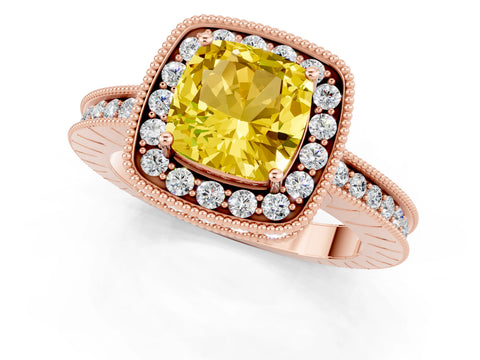 Rose gold Cushion Cut Halo Diamond Engagement Ring with Milgrain Pave Band and Four-Prong Setting_1