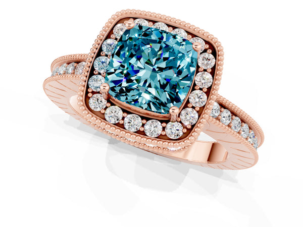 Rose gold Cushion Cut Halo Diamond Engagement Ring with Milgrain Pave Band and Four-Prong Setting