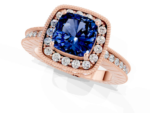 Rose gold Cushion Cut Halo Diamond Engagement Ring with Milgrain Pave Band and Four-Prong Setting_1