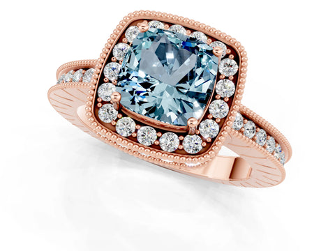 Rose gold Cushion Cut Halo Diamond Engagement Ring with Milgrain Pave Band and Four-Prong Setting_1