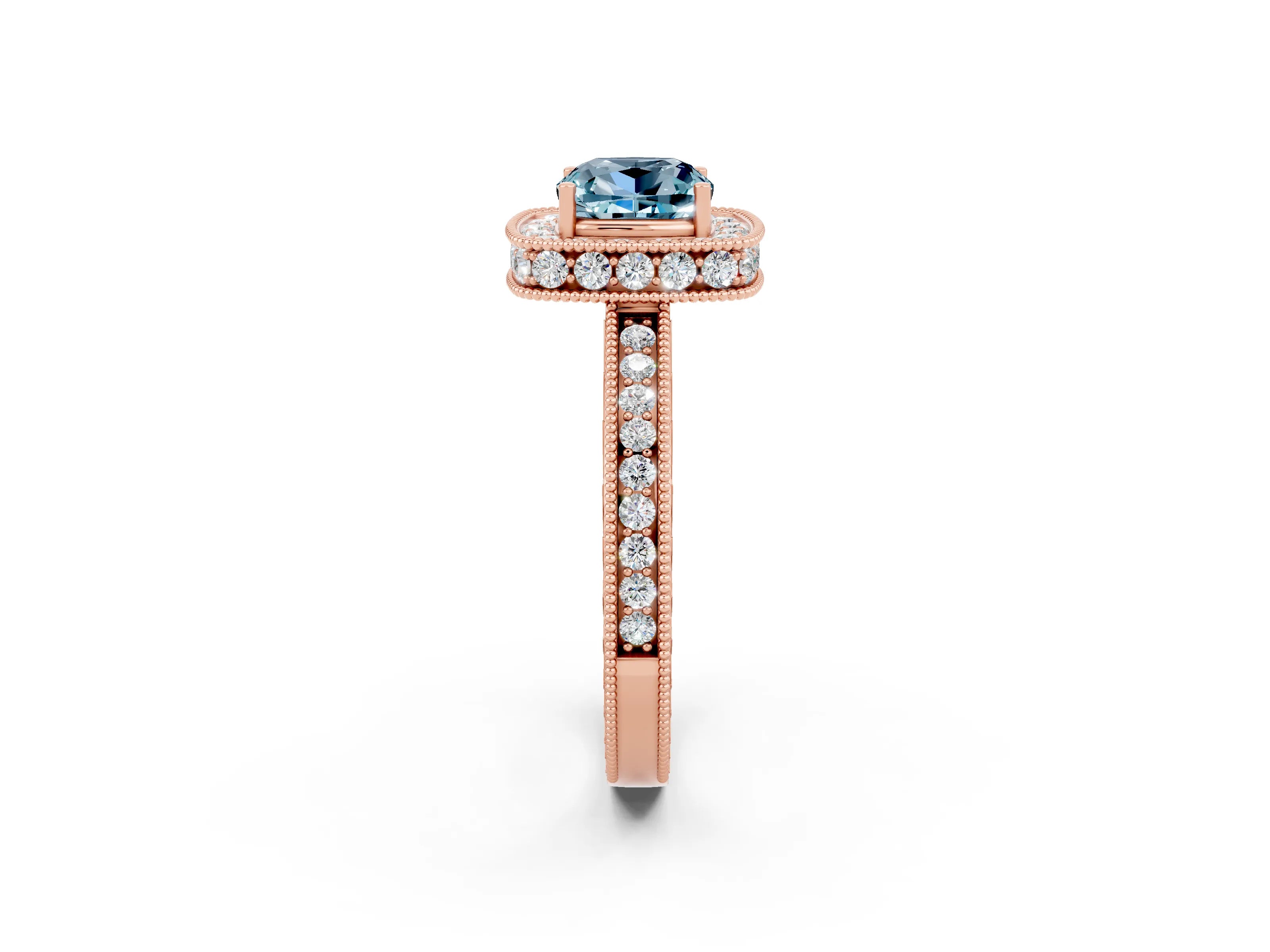 Rose gold Cushion Cut Halo Diamond Engagement Ring with Milgrain Pave Band and Four-Prong Setting_2