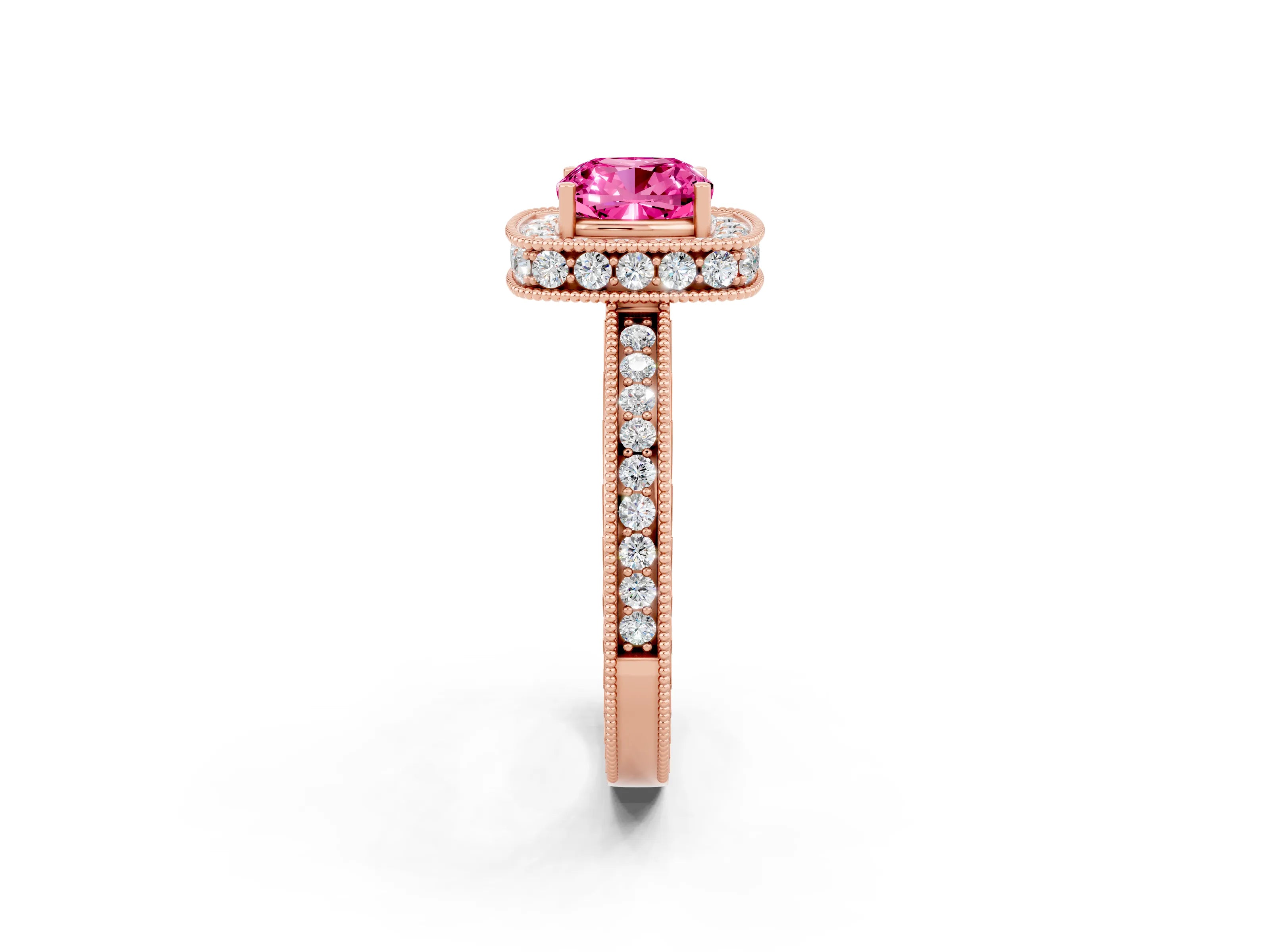Rose gold Cushion Cut Halo Diamond Engagement Ring with Milgrain Pave Band and Four-Prong Setting_2