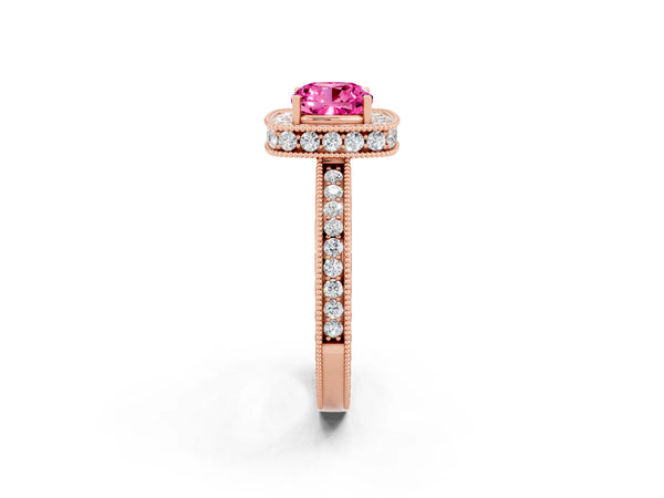 Rose gold Cushion Cut Halo Diamond Engagement Ring with Milgrain Pave Band and Four-Prong Setting