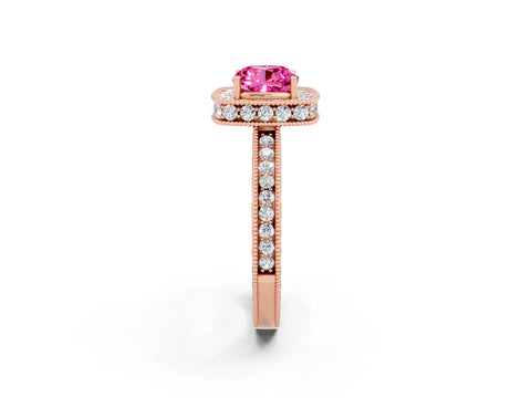 Rose gold Cushion Cut Halo Diamond Engagement Ring with Milgrain Pave Band and Four-Prong Setting_2