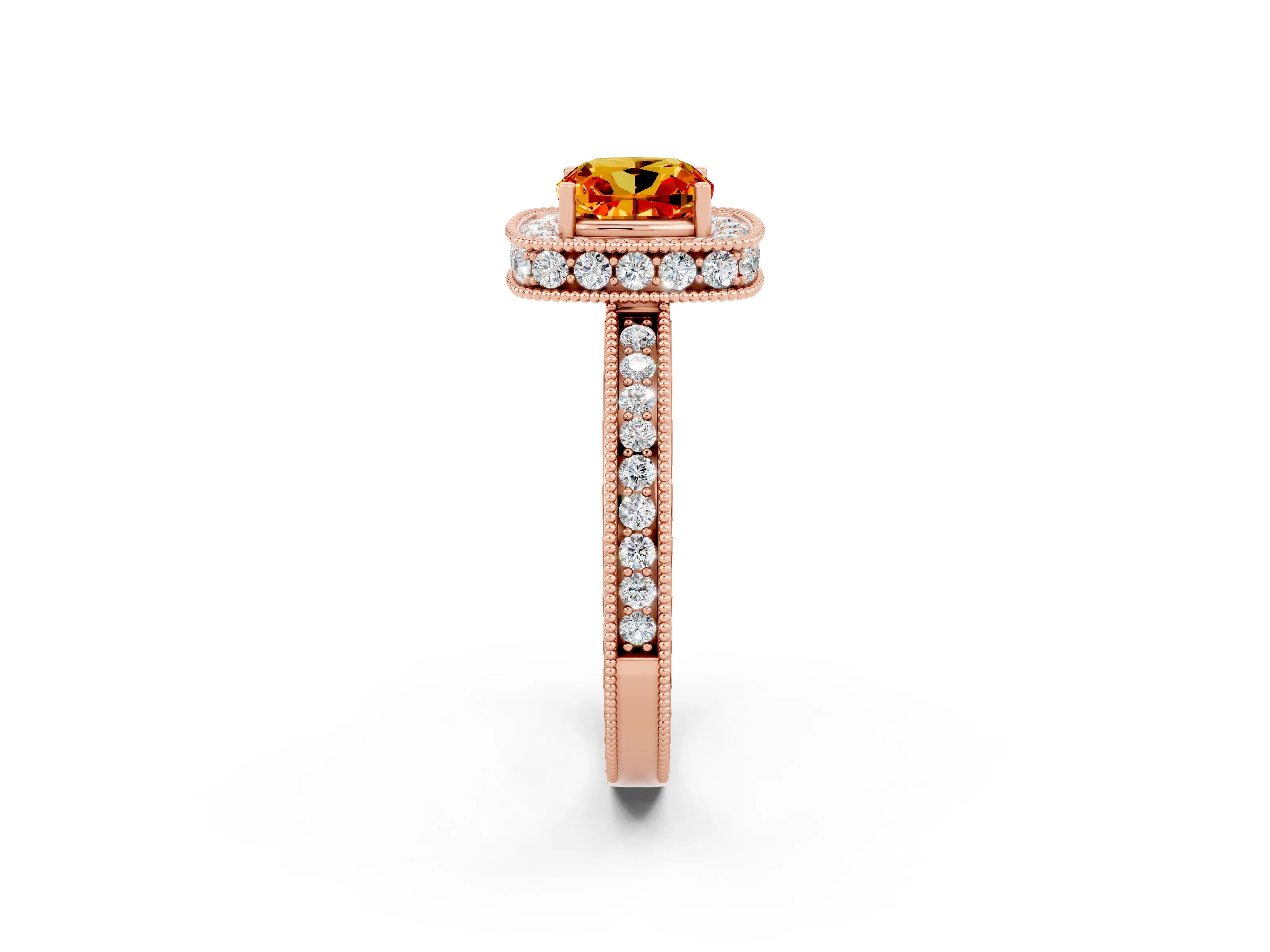 Rose gold Cushion Cut Halo Diamond Engagement Ring with Milgrain Pave Band and Four-Prong Setting_2