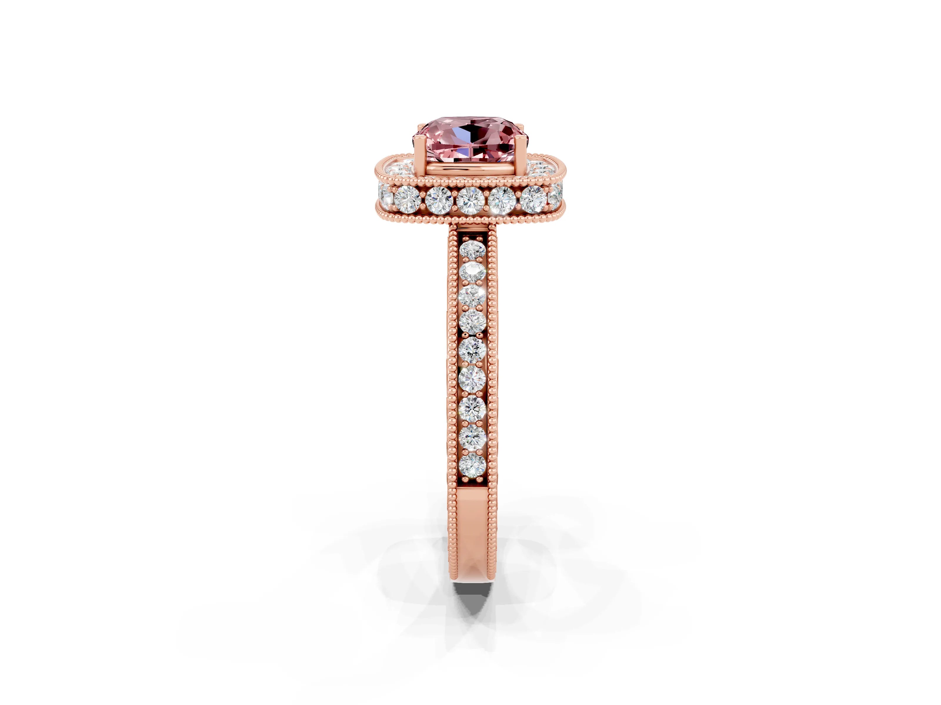 Rose gold Cushion Cut Halo Diamond Engagement Ring with Milgrain Pave Band and Four-Prong Setting_2