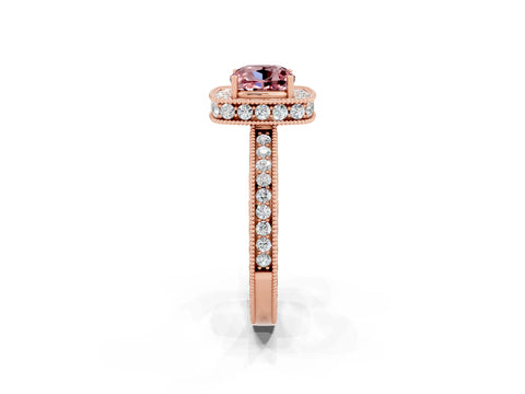 Rose gold Cushion Cut Halo Diamond Engagement Ring with Milgrain Pave Band and Four-Prong Setting_2