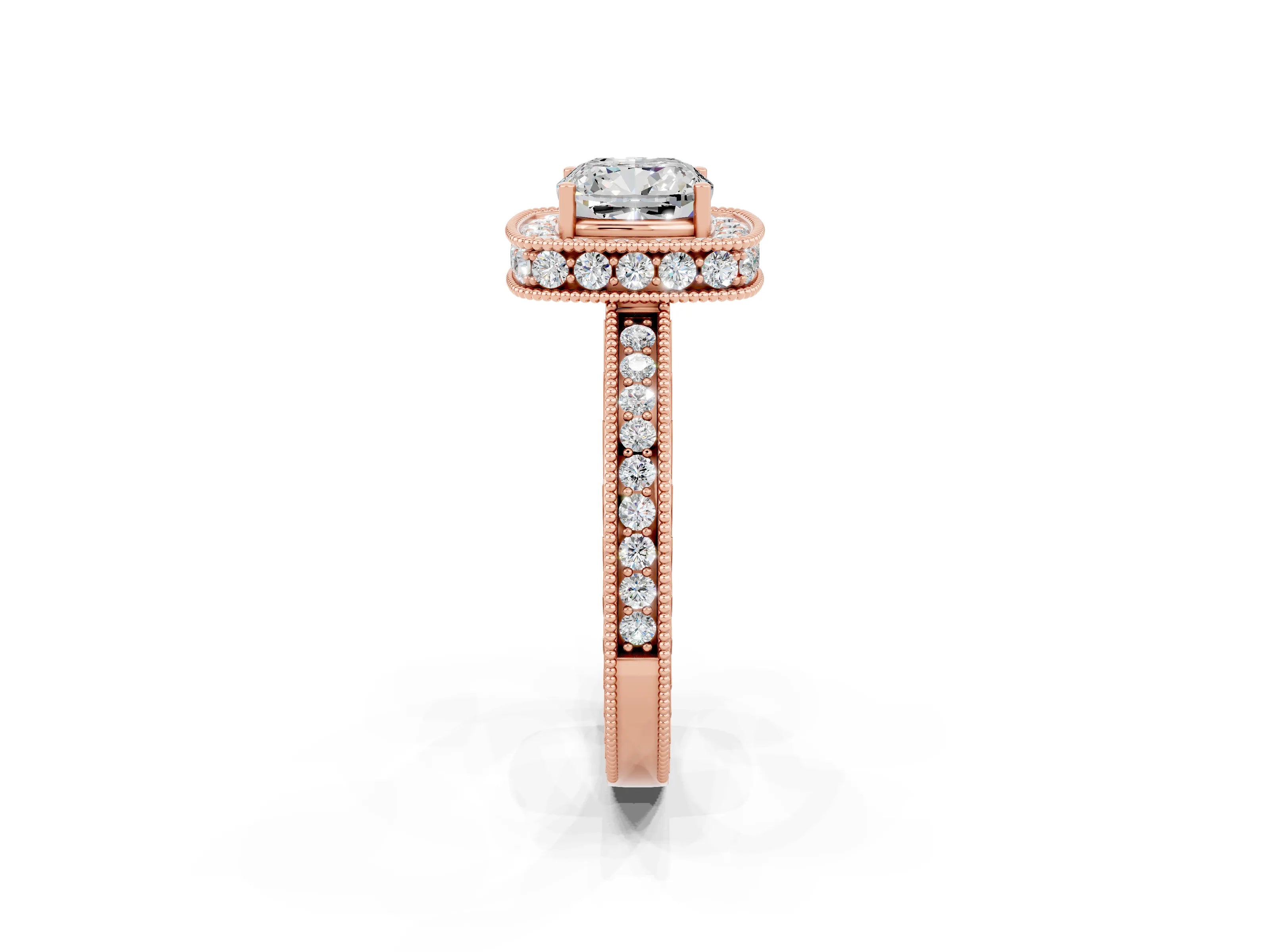 Rose gold Cushion Cut Halo Diamond Engagement Ring with Milgrain Pave Band and Four-Prong Setting_2