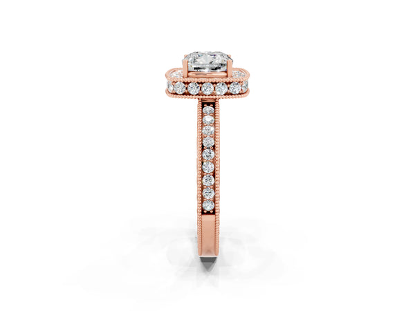 Rose gold Cushion Cut Halo Diamond Engagement Ring with Milgrain Pave Band and Four-Prong Setting