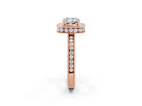 Rose gold Cushion Cut Halo Diamond Engagement Ring with Milgrain Pave Band and Four-Prong Setting_2