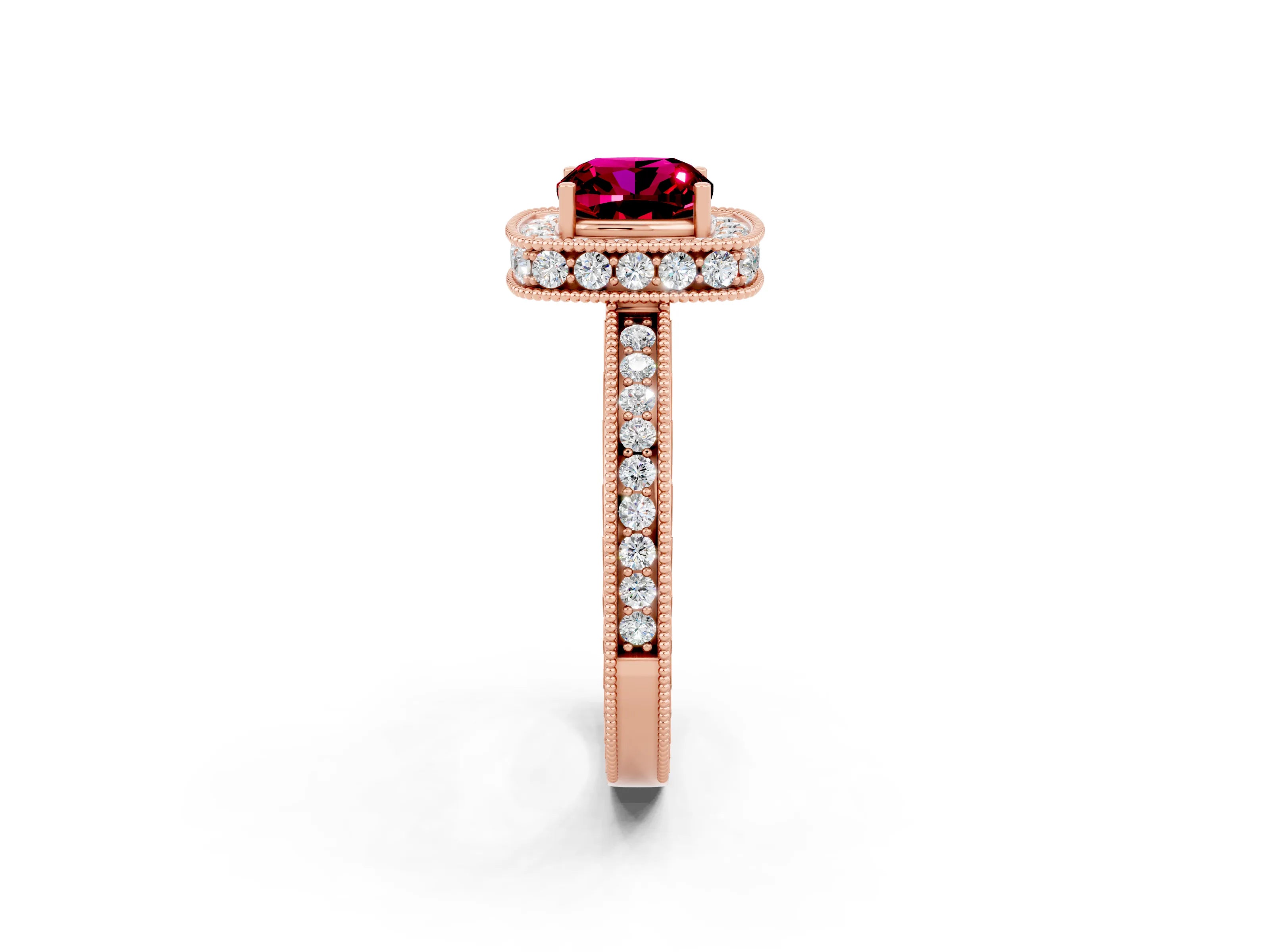 Rose gold Cushion Cut Halo Diamond Engagement Ring with Milgrain Pave Band and Four-Prong Setting_2