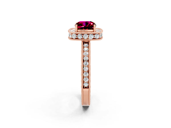 Rose gold Cushion Cut Halo Diamond Engagement Ring with Milgrain Pave Band and Four-Prong Setting