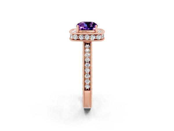 Rose gold Cushion Cut Amethyst Milgrain Halo Engagement Ring with Round Pavé Band and Prong Setting
