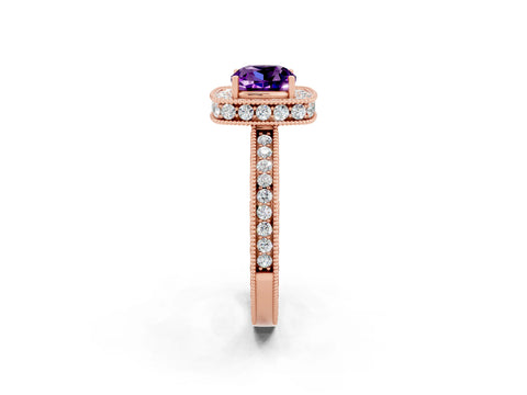 Rose gold Cushion Cut Halo Diamond Engagement Ring with Milgrain Pave Band and Four-Prong Setting_2