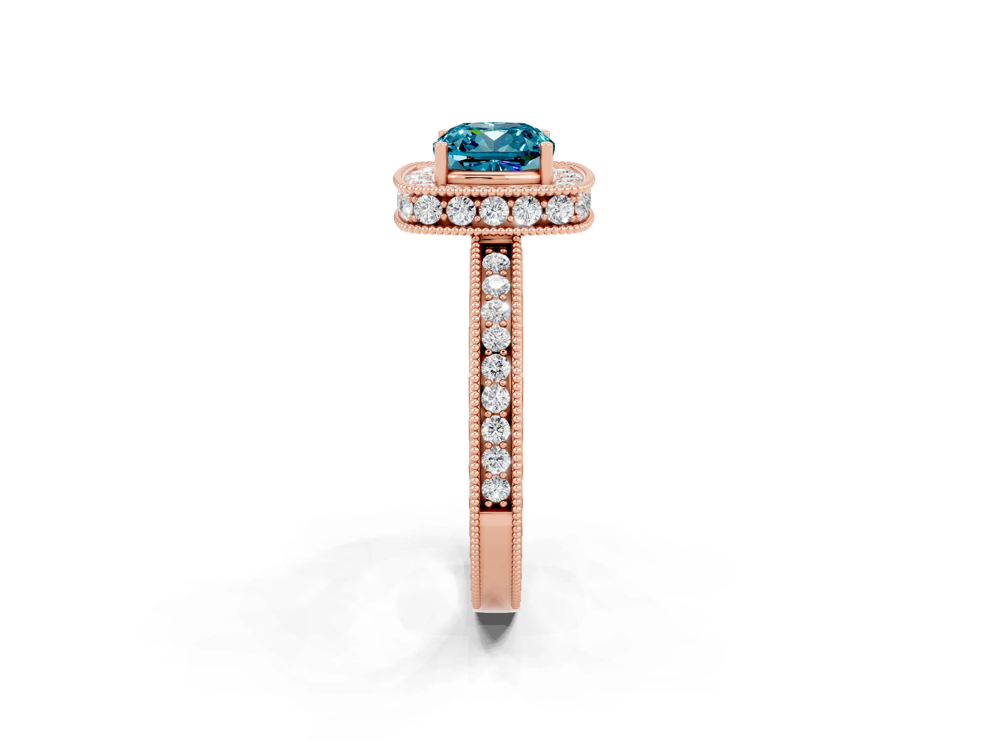 Rose gold Cushion Cut Halo Diamond Engagement Ring with Milgrain Pave Band and Four-Prong Setting_2