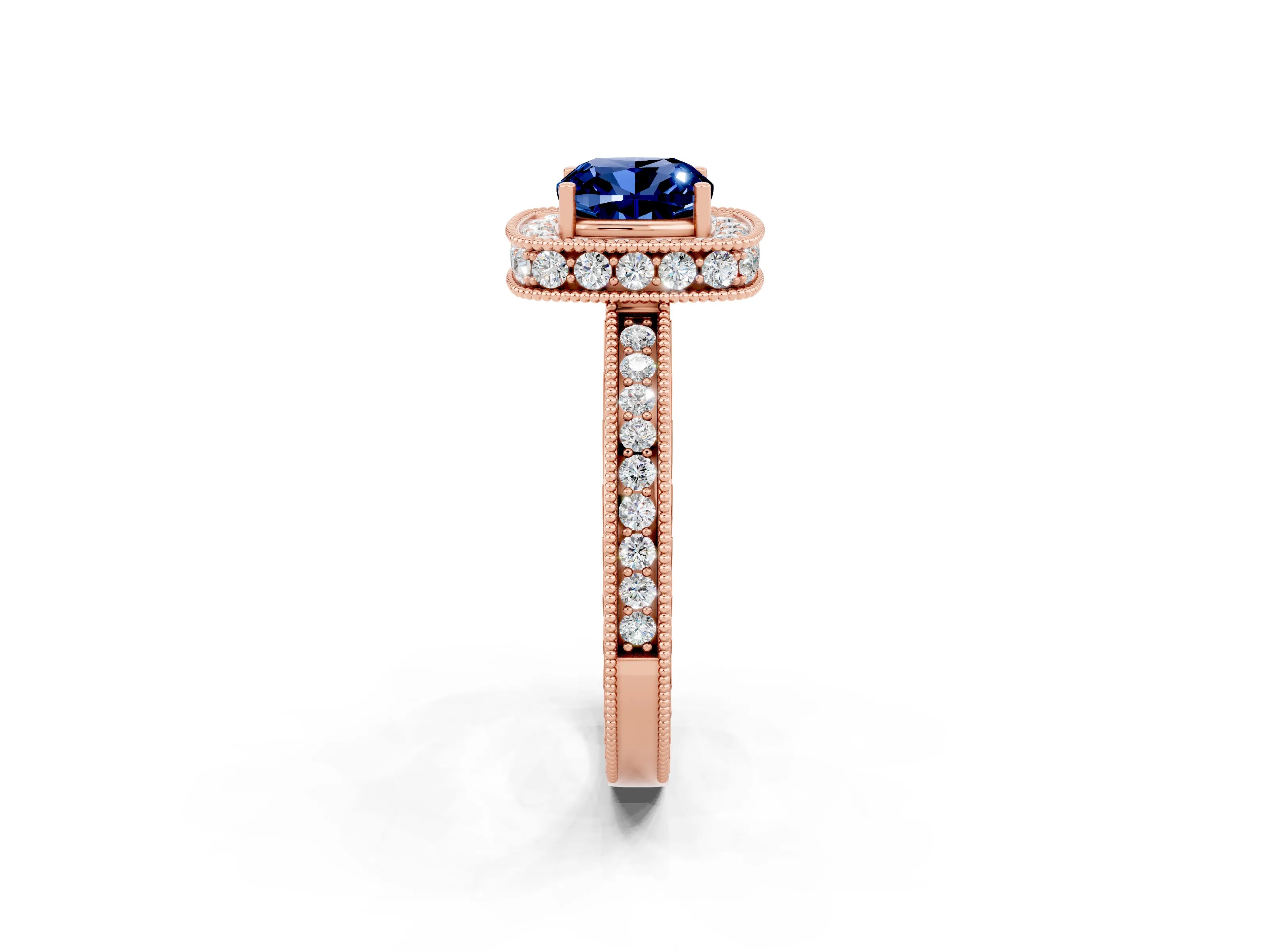 Rose gold Cushion Cut Halo Diamond Engagement Ring with Milgrain Pave Band and Four-Prong Setting_2