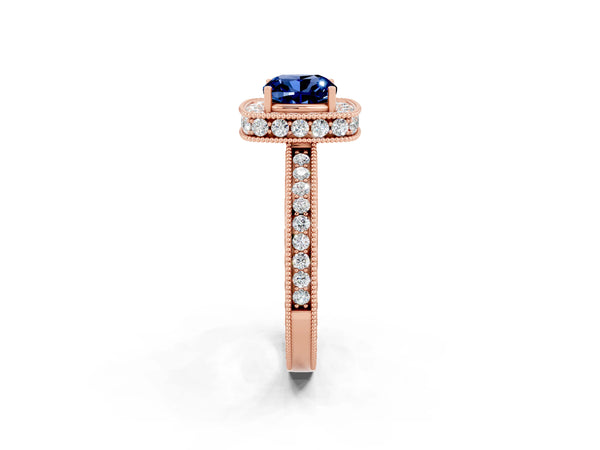 Rose gold Cushion Cut Halo Diamond Engagement Ring with Milgrain Pave Band and Four-Prong Setting