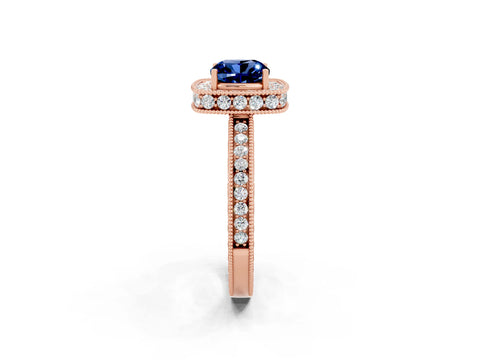 Rose gold Cushion Cut Halo Diamond Engagement Ring with Milgrain Pave Band and Four-Prong Setting_2