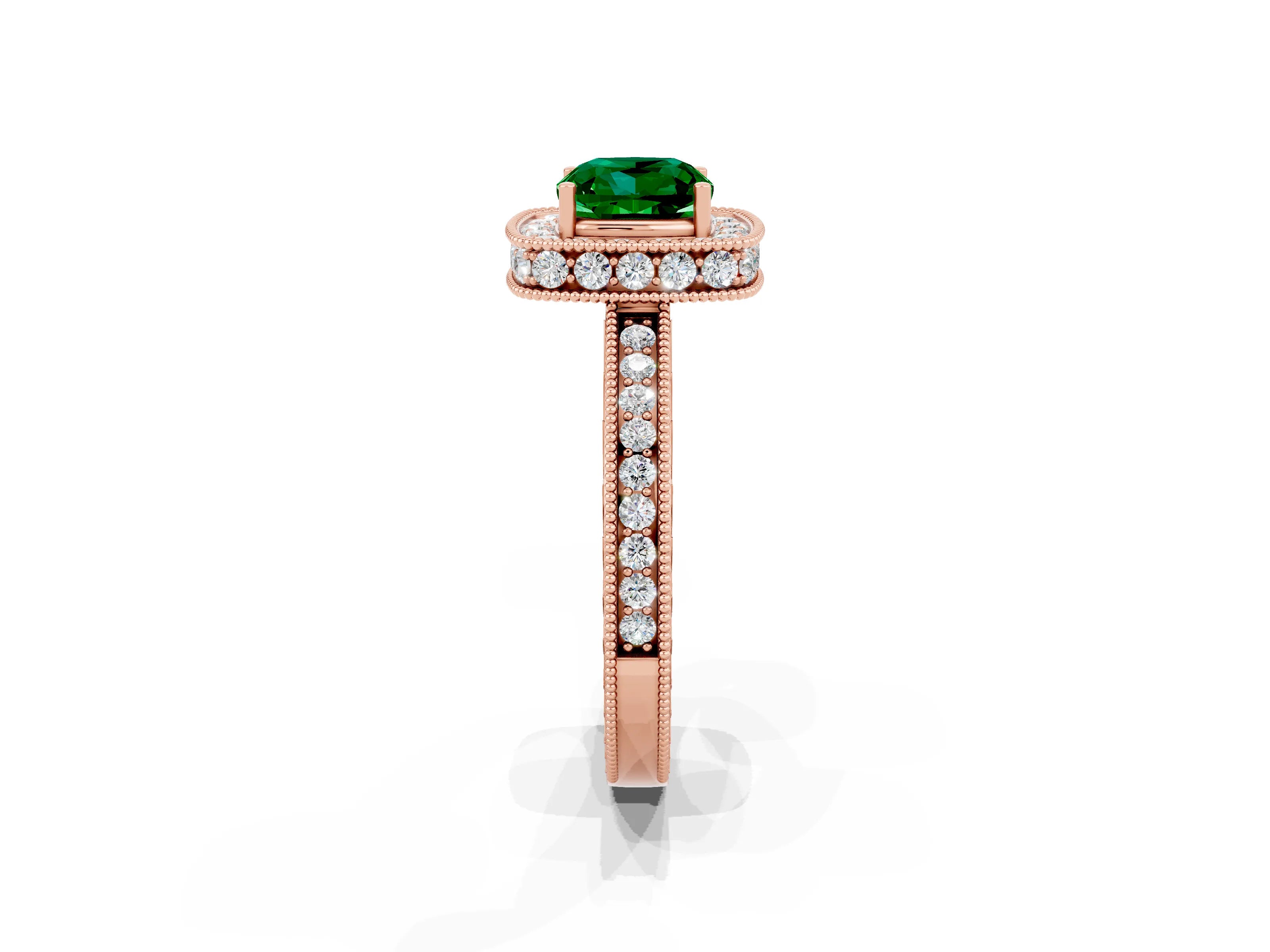 Rose gold Cushion Cut Halo Diamond Engagement Ring with Milgrain Pave Band and Four-Prong Setting_2