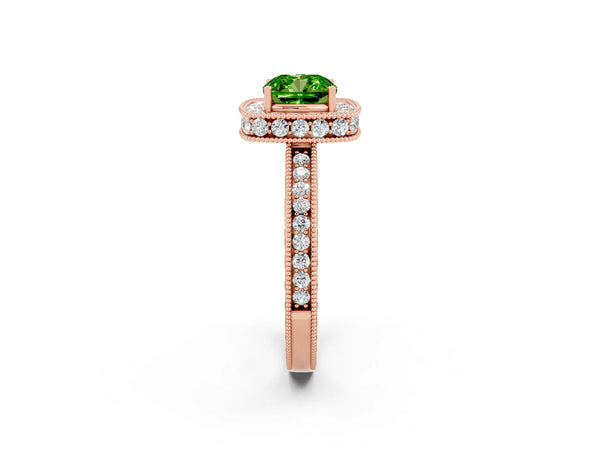 Rose gold Cushion Cut Halo Diamond Engagement Ring with Milgrain Pave Band and Four-Prong Setting